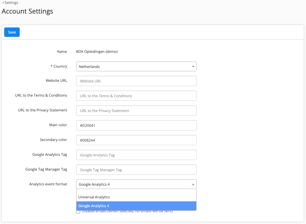set up analytics event format in settings Eduframe