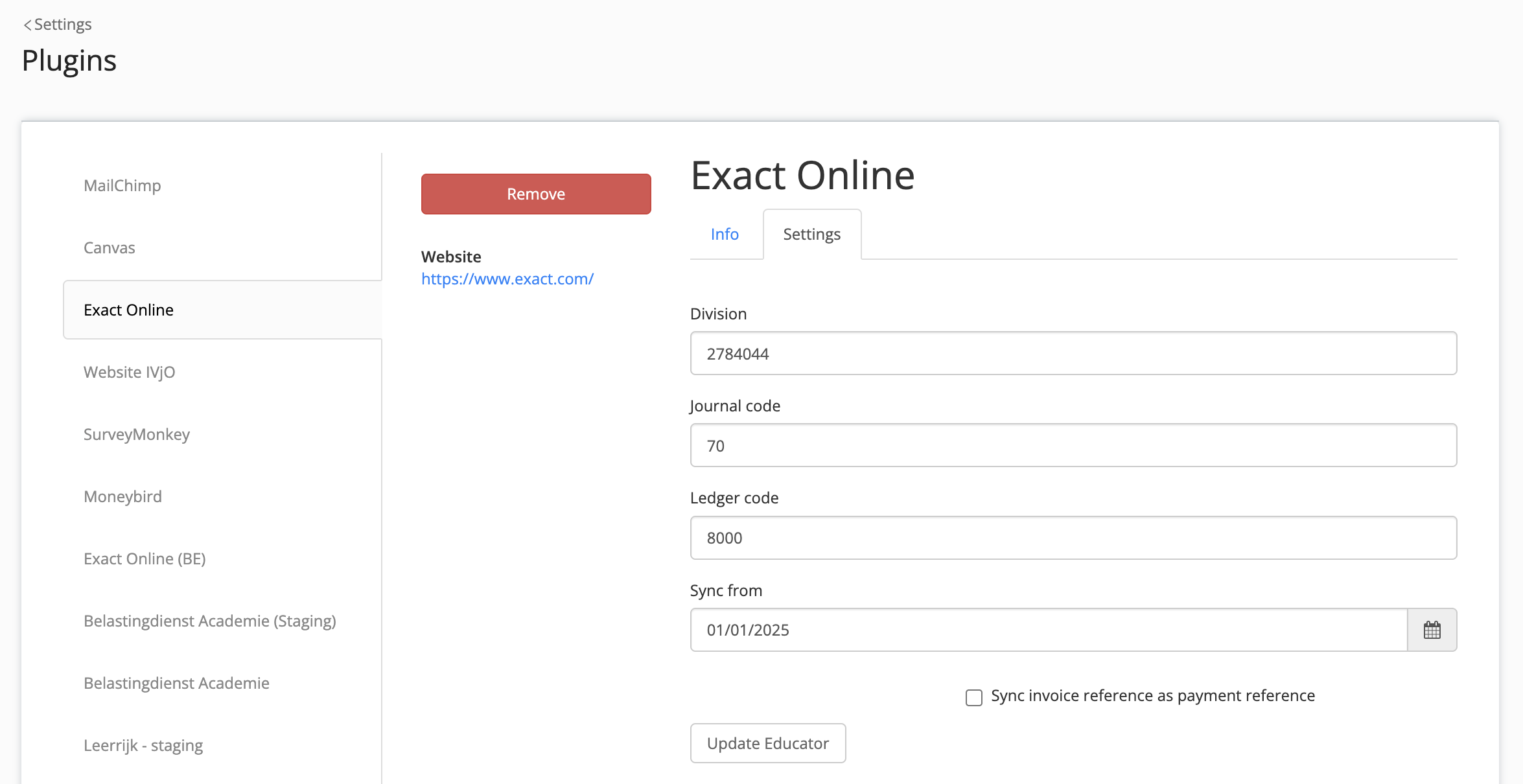 exact online settings in Eduframe