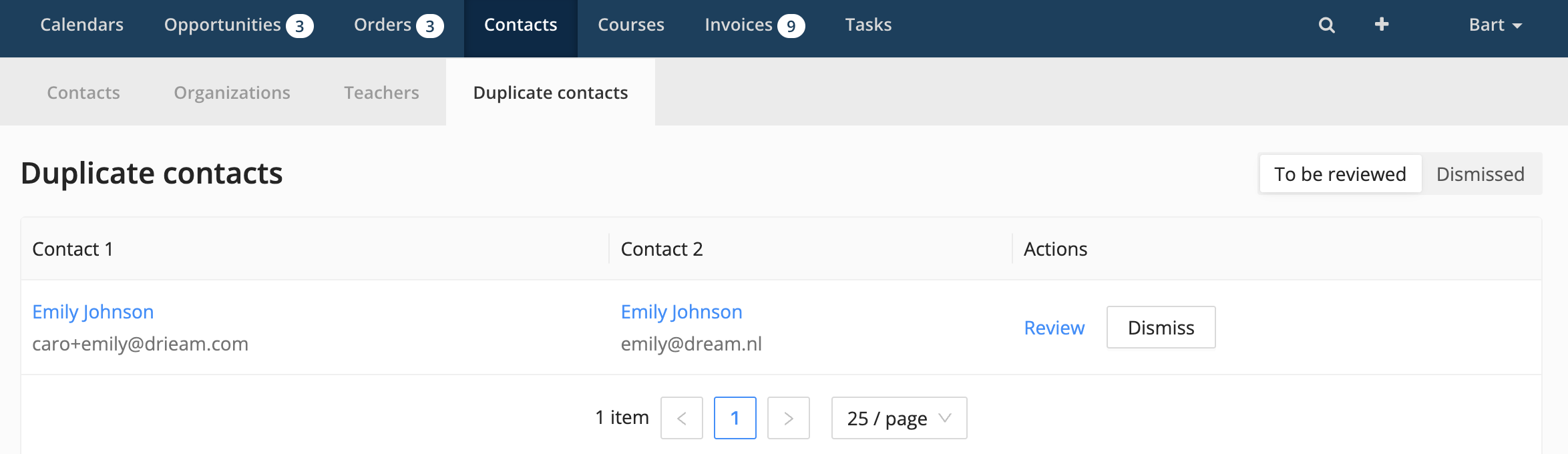 overview of duplicate contacts in Eduframe