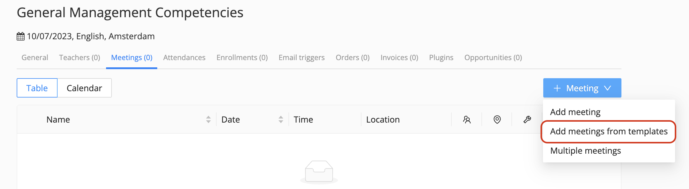 add meetings from a course template