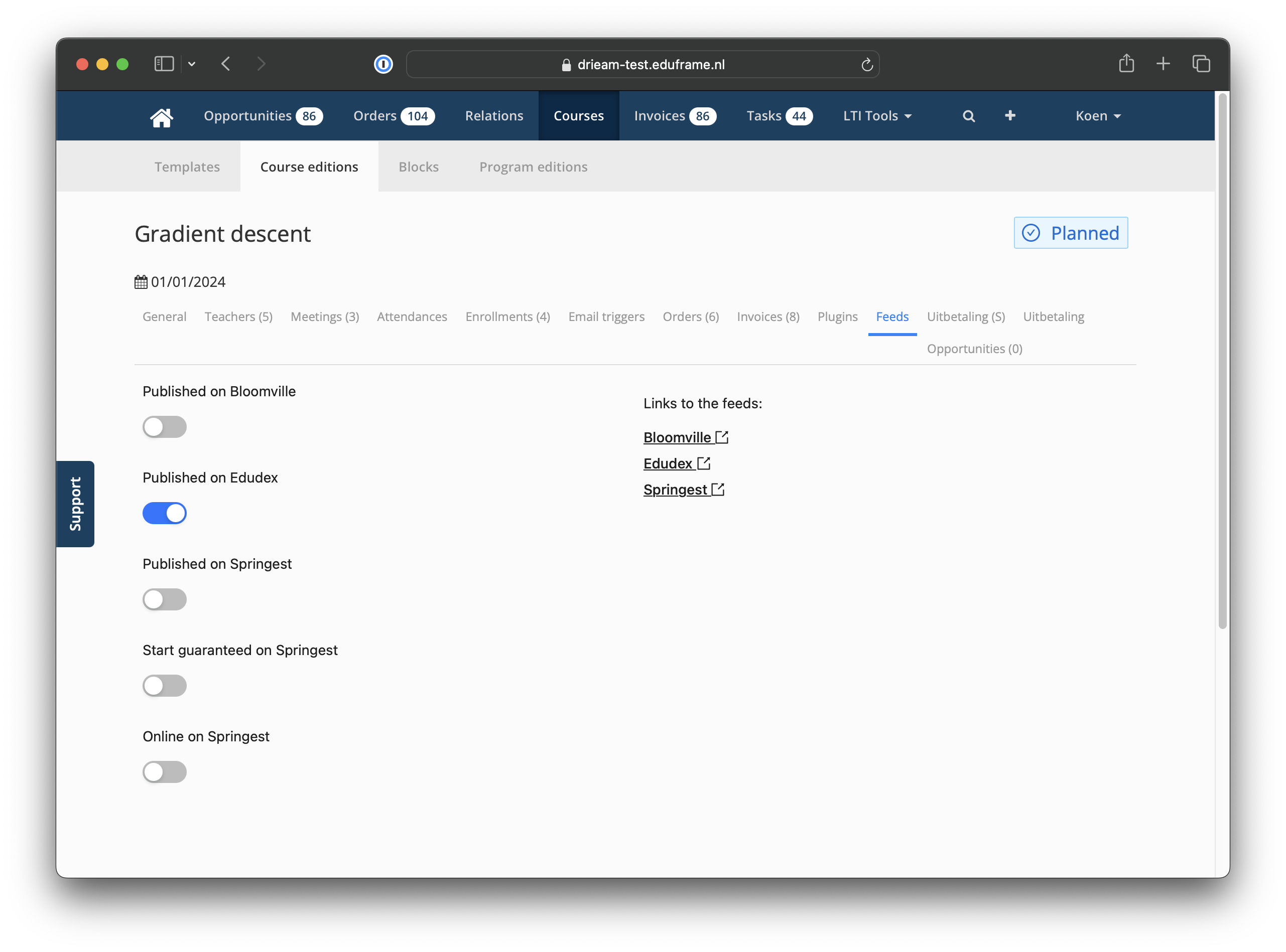 feeds plug in in eduframe om edu-dex aan of uit te zetten in cursus editie