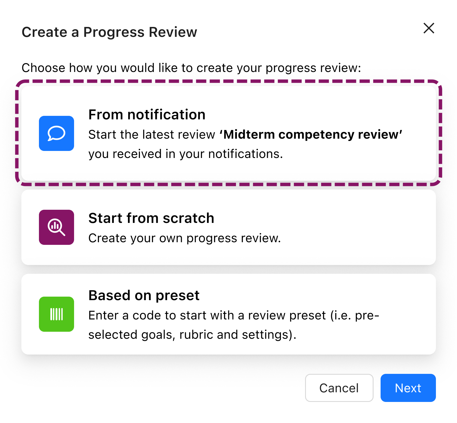 from notification.png Starting a progress review request from the most recent notification