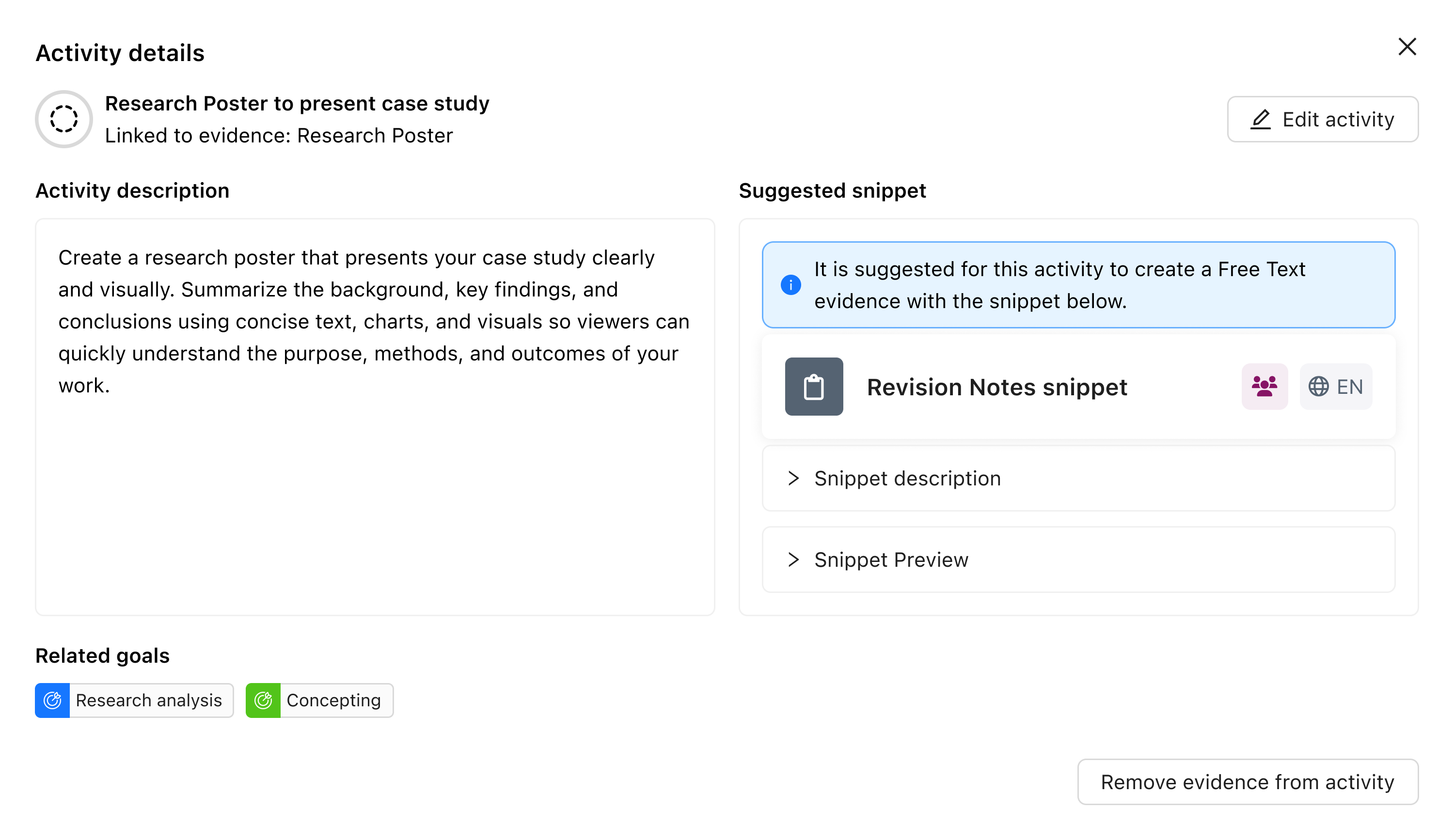 Activity details modal with suggested snippet.png Activity details