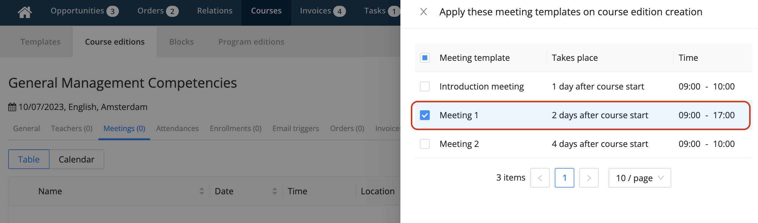 select meeting templates rom a course template