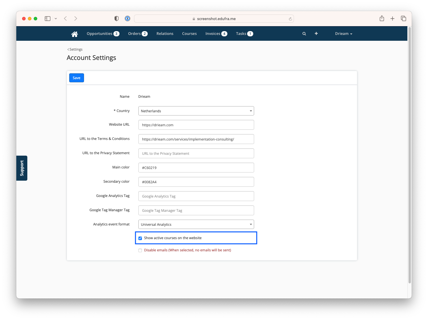 Box to show whether you show an active fixed course on the website or not
