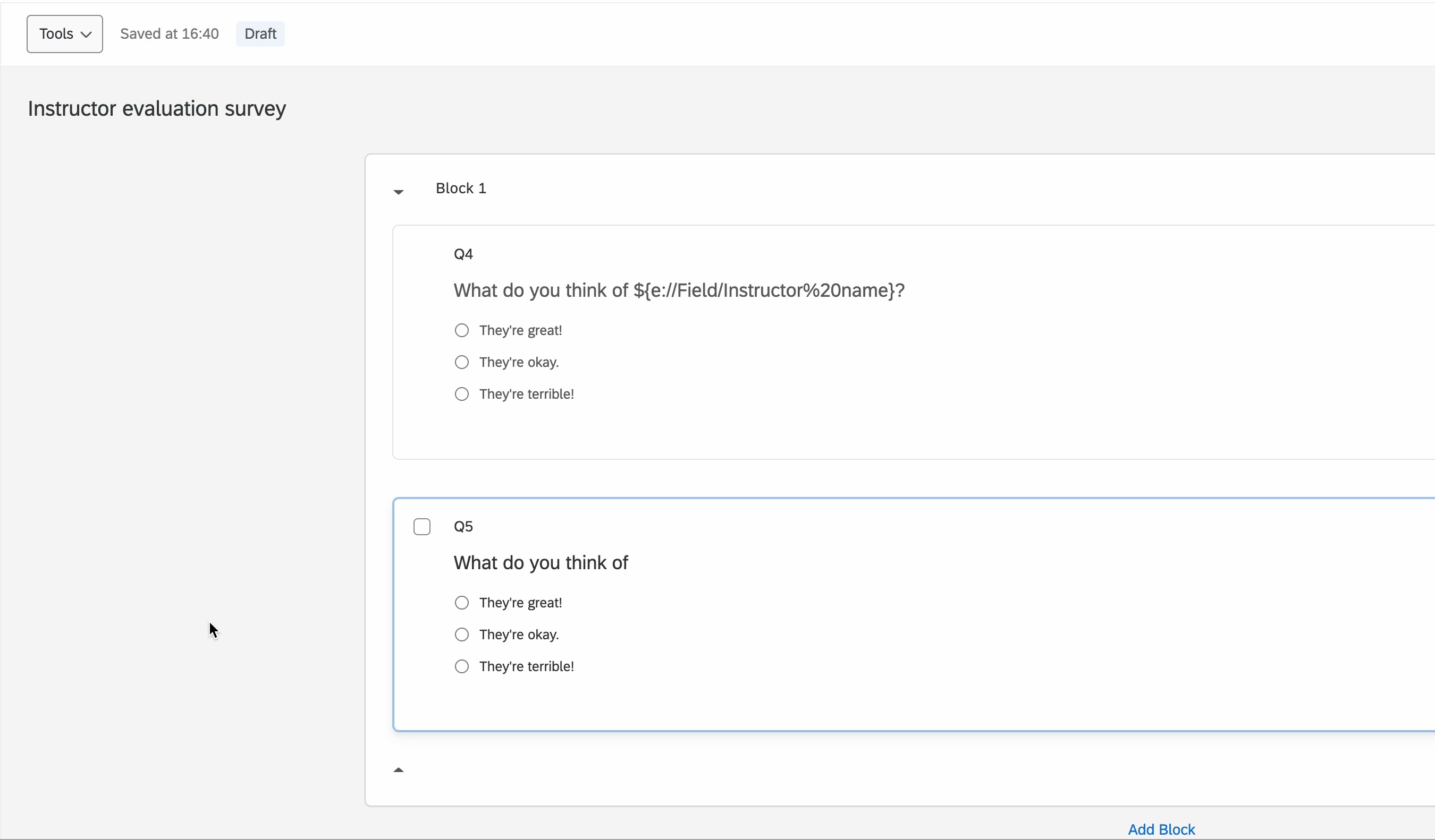 A GIF displaying a sequence of edits in a Qualtrics survey's editor.