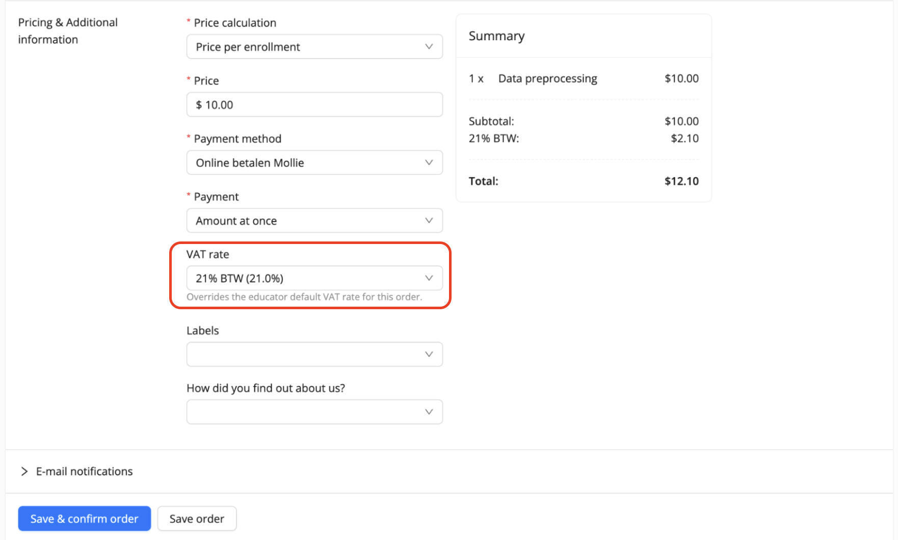 adjust VAT rates on order level