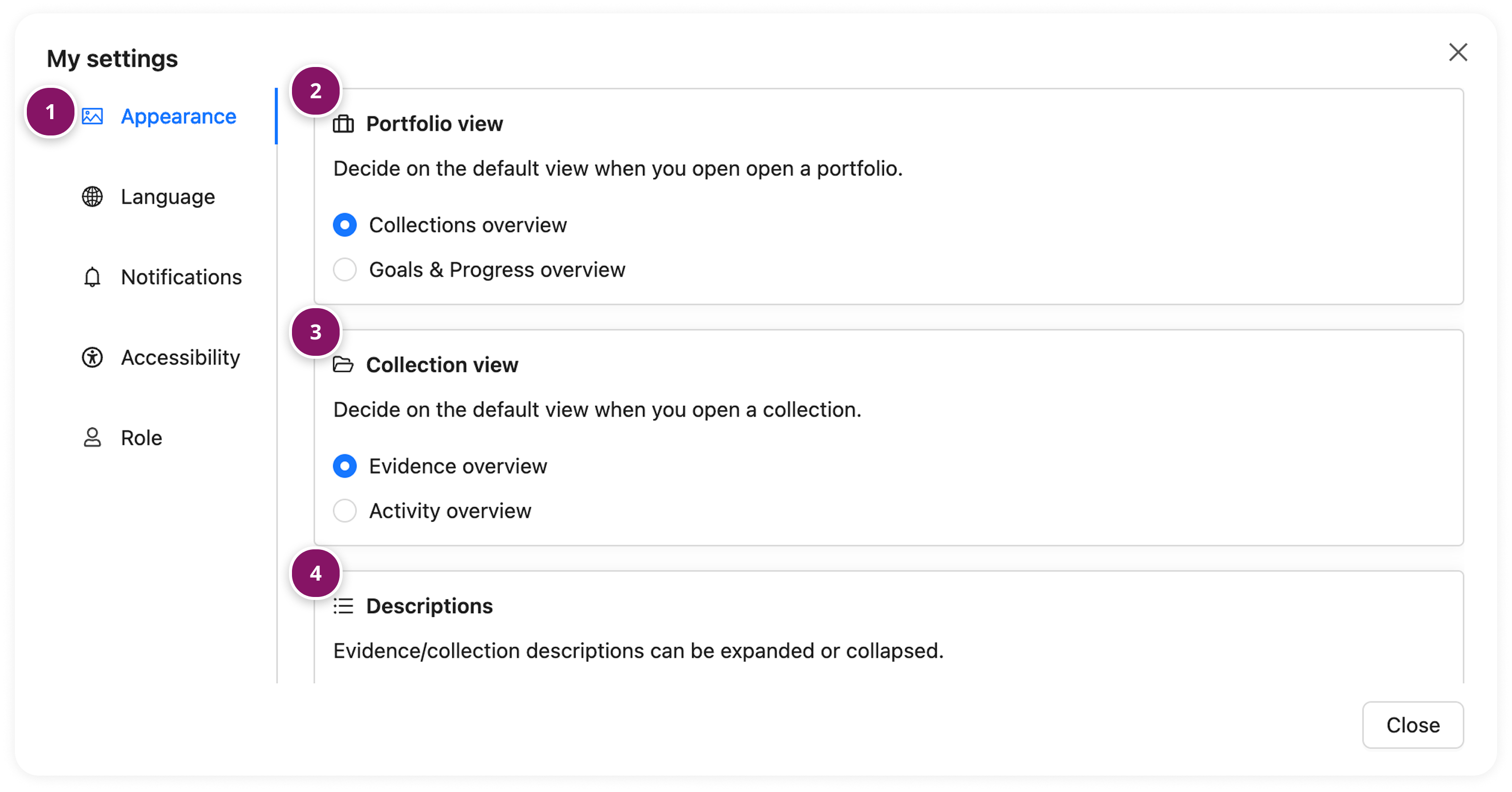 Appearance.png Default views in My Settings