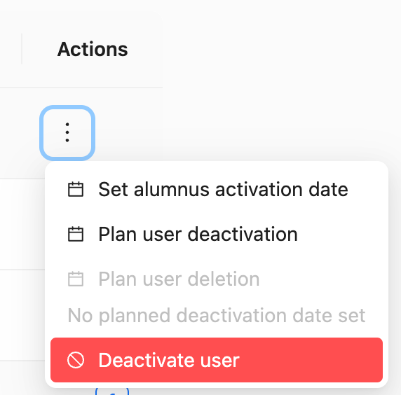 Action menu to deactivate the user