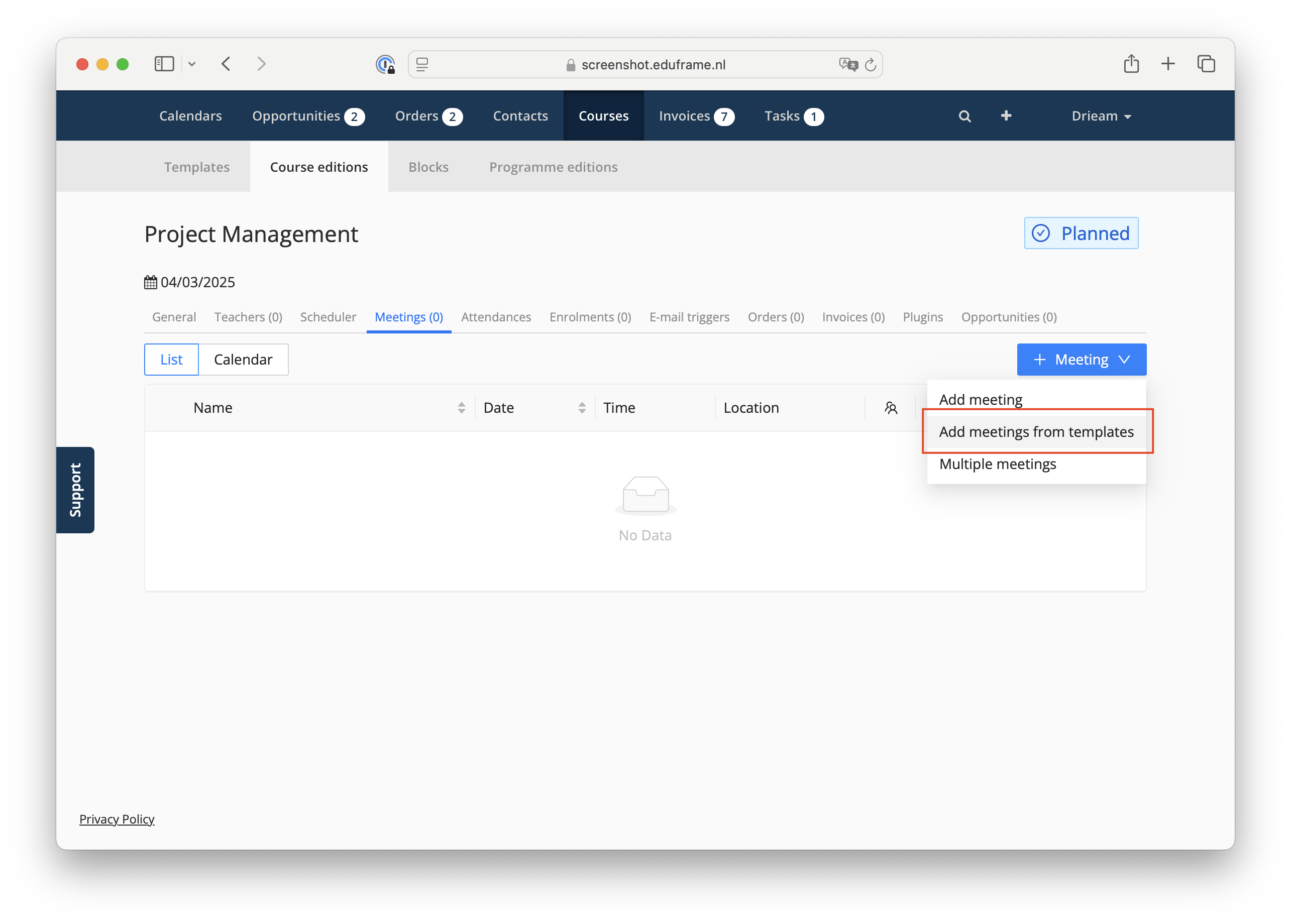 add meetings from a template