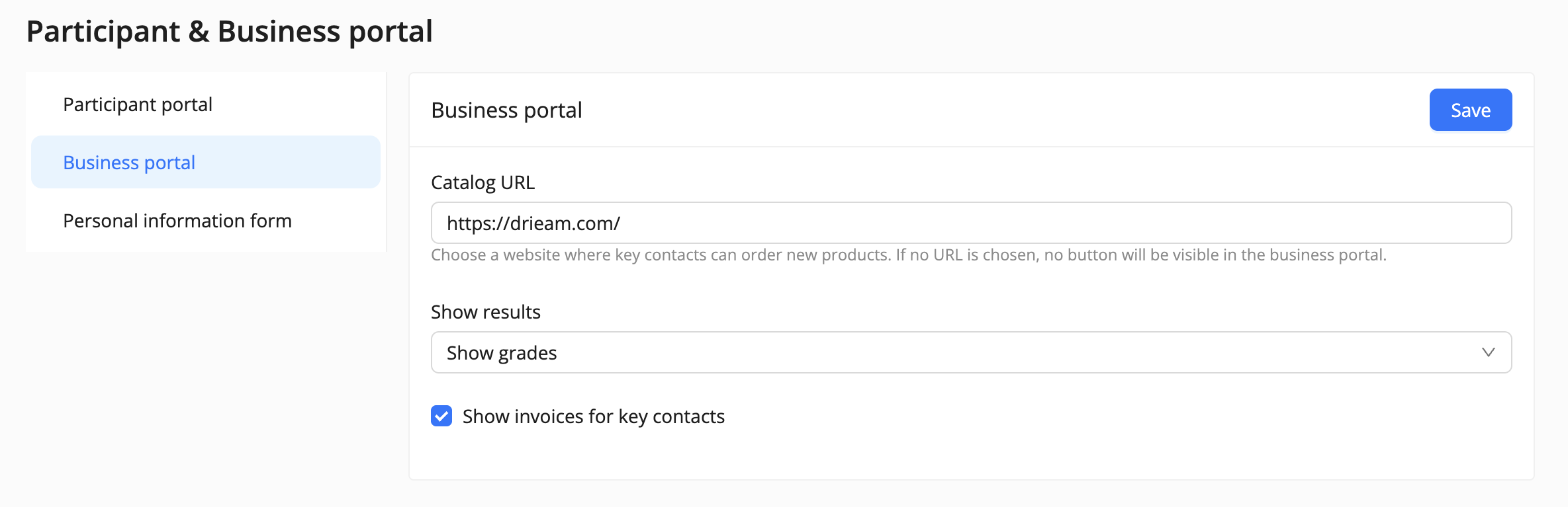 Business portal settings in Eduframe