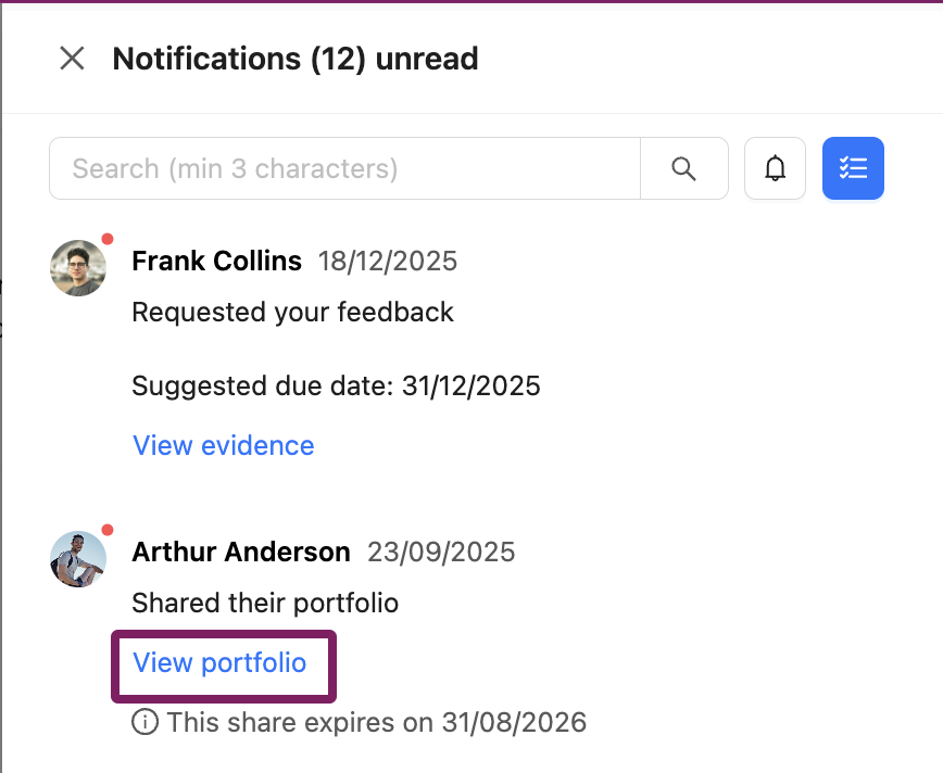 view portfolio notification.png Notifications drawer showing a notification + link when someone has shared something with you.