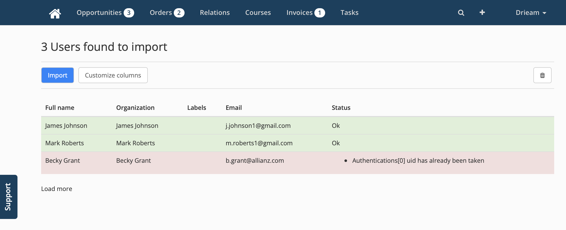 example of contacts that will be successfully imported and example with error notification if a contact will not be imported
