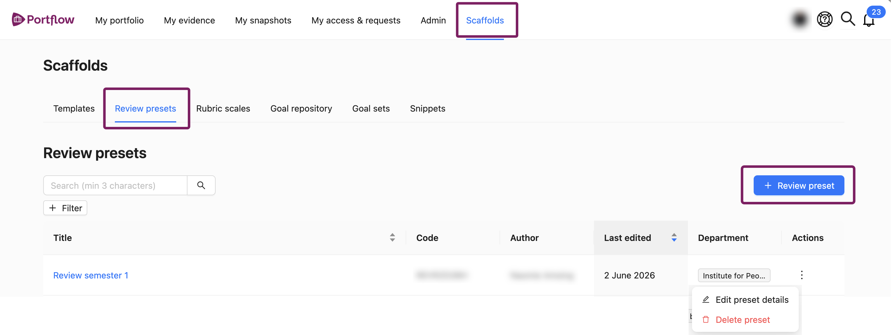 Create new Review Preset