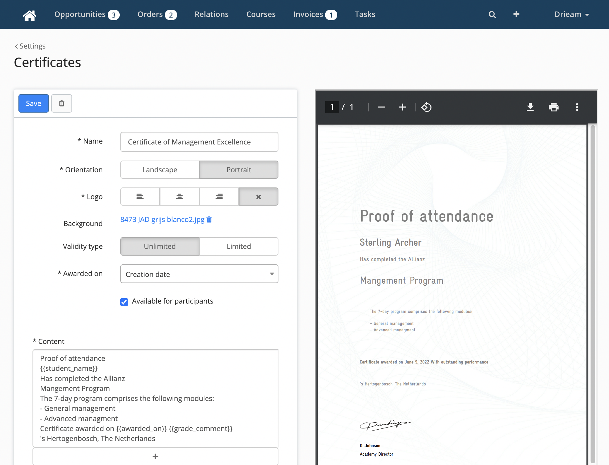certificate in eduframe
