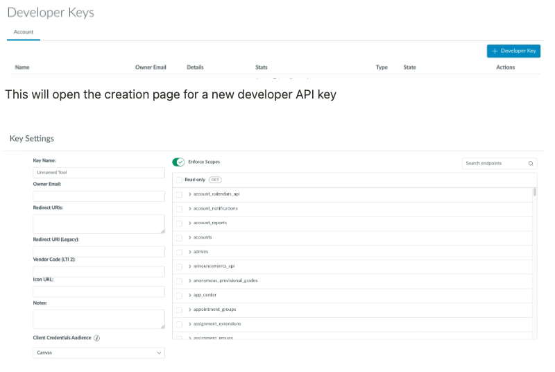 create new developer api key in Canvas
