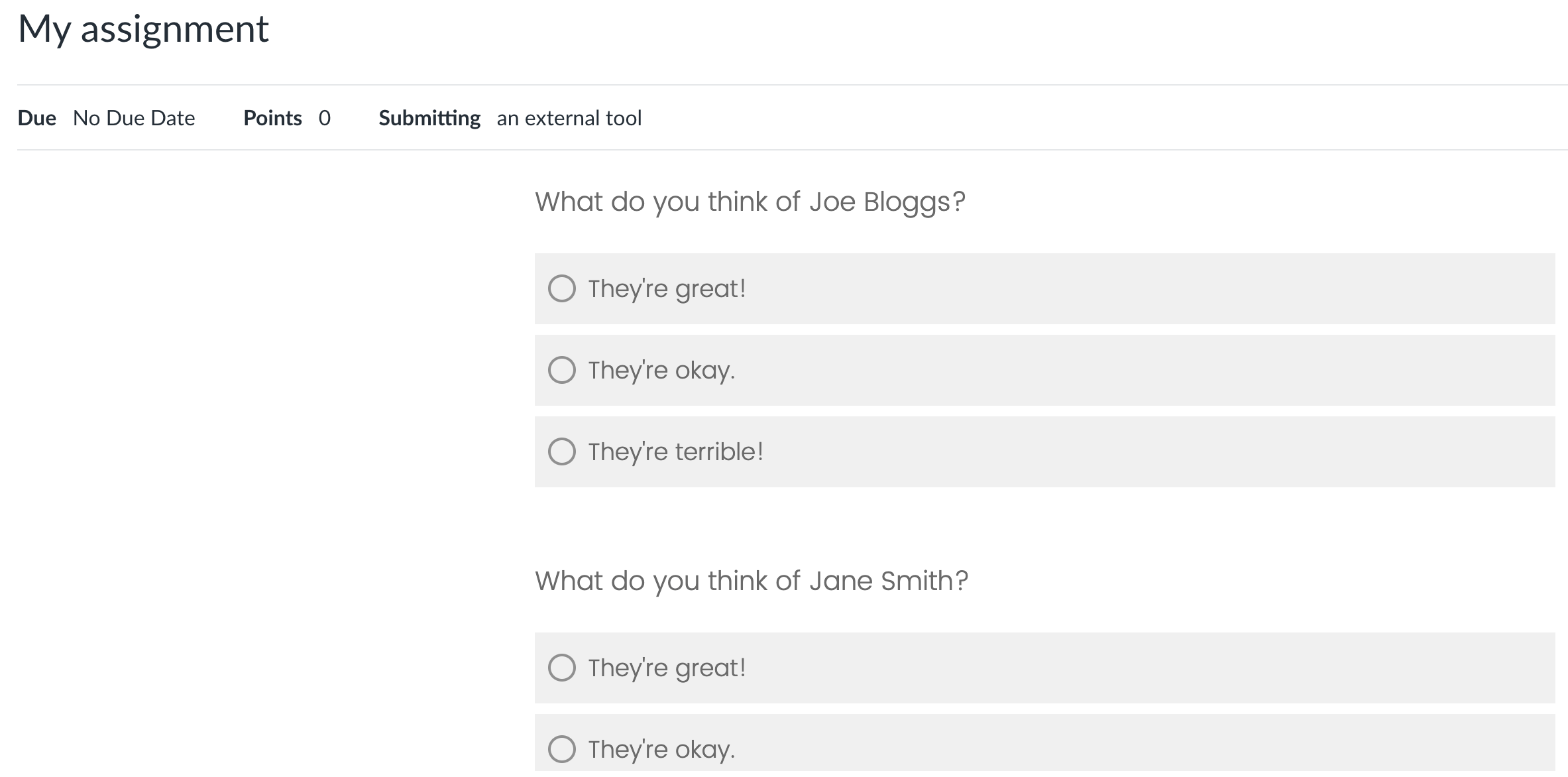 A screenshot of a Qualtrics survey loaded within Canvas via Qualtrics LTI. Embedded data field values are shown in the survey