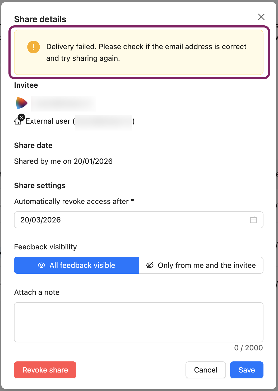 extended view of share.png Share details for a specific share. You can edit the share such as revoke date, feedback visibility or note.