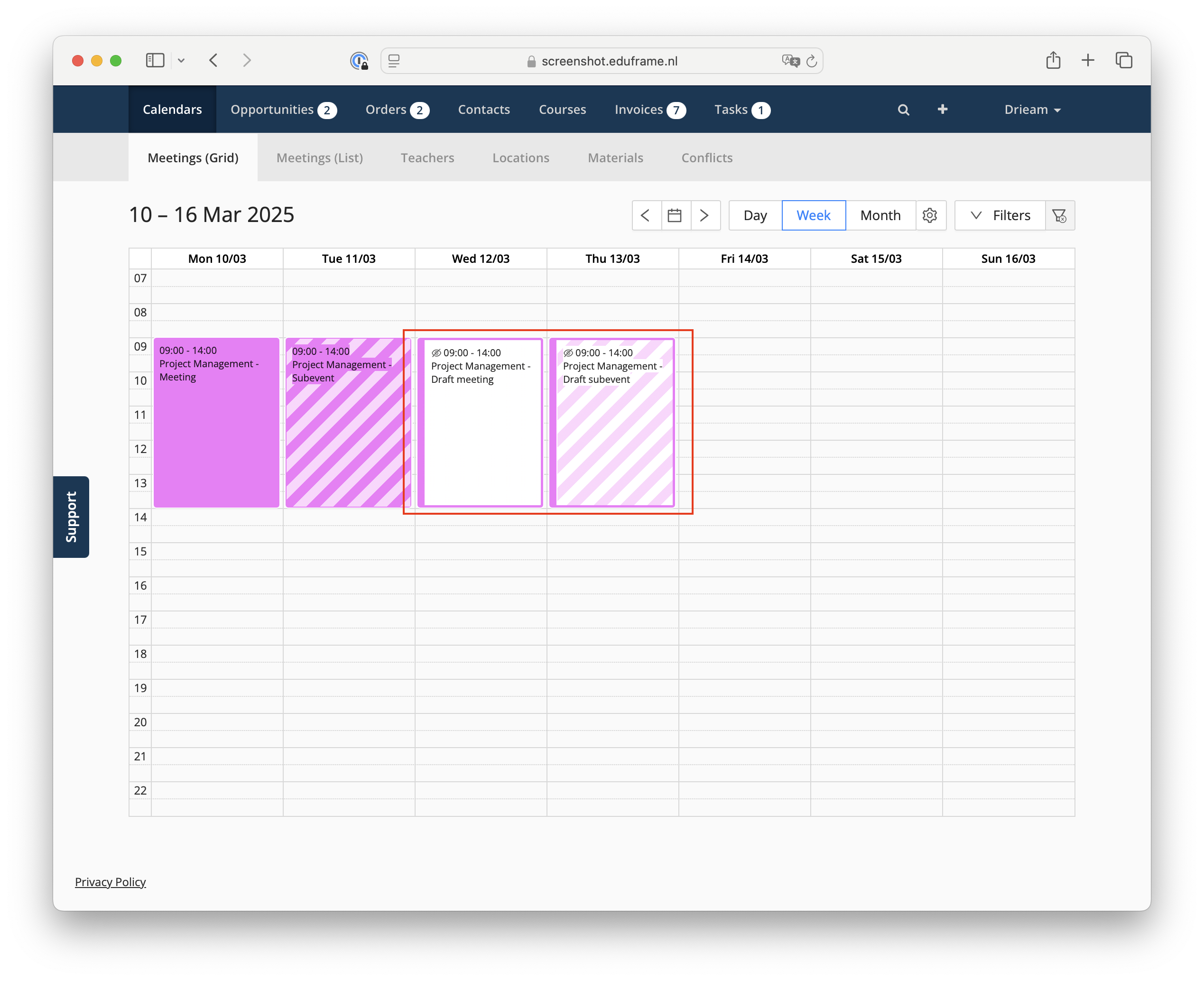 draft meeting and draft subevent in calendar