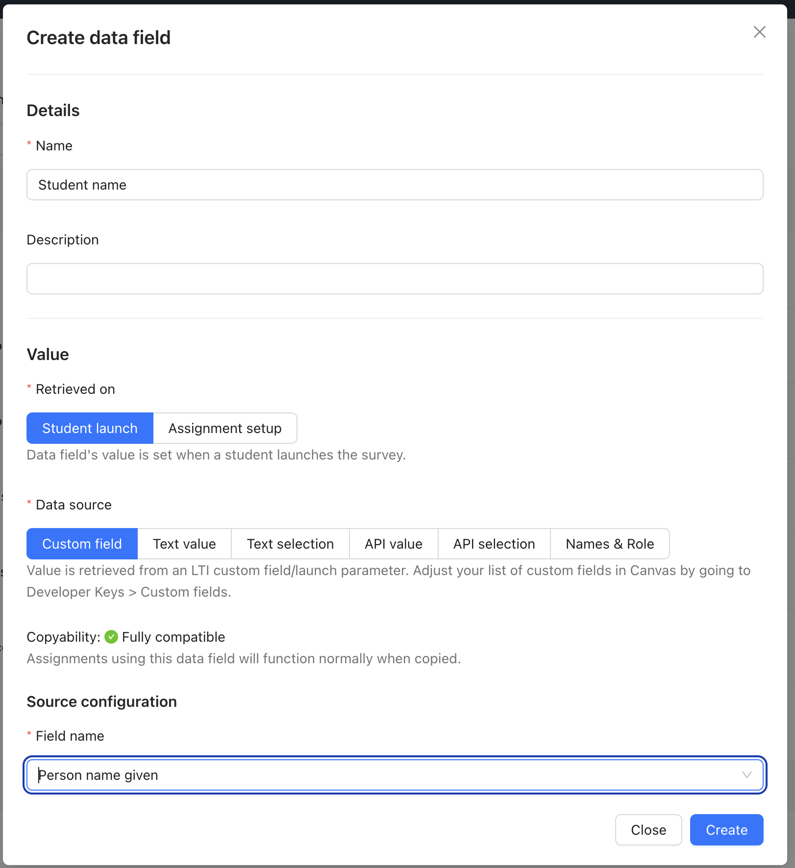 A screenshot of the 'Create data field' modal.