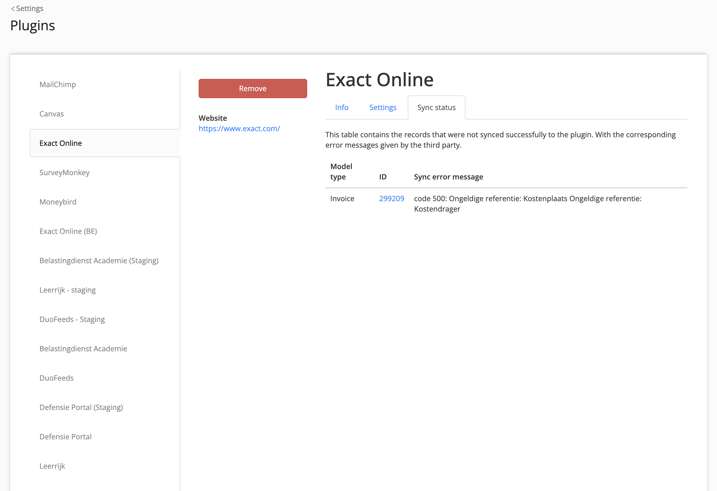 Sync status of Exact Online in Eduframe plugins settings
