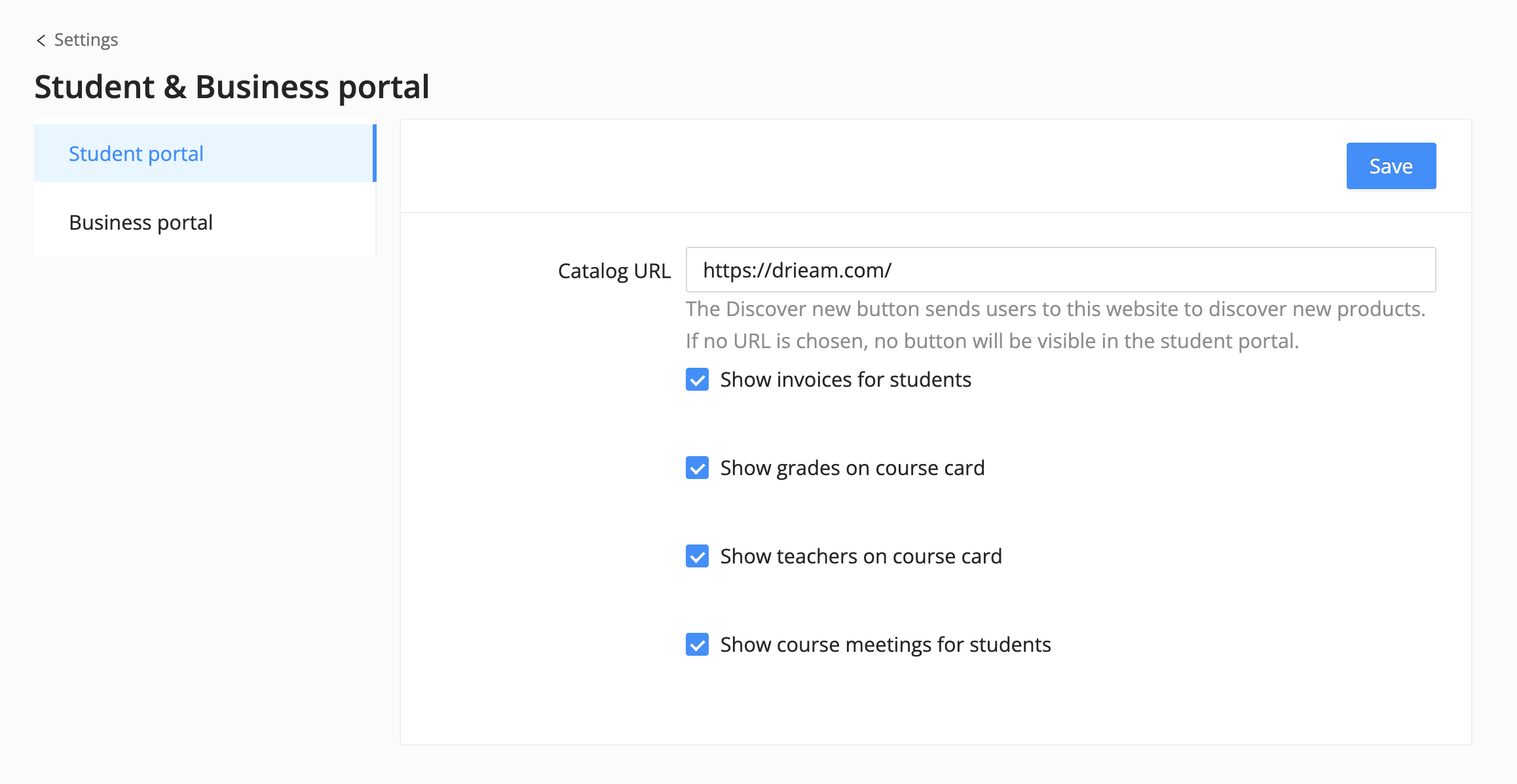 catalog url in Eduframe to be added in the 'discover new' button in student portal