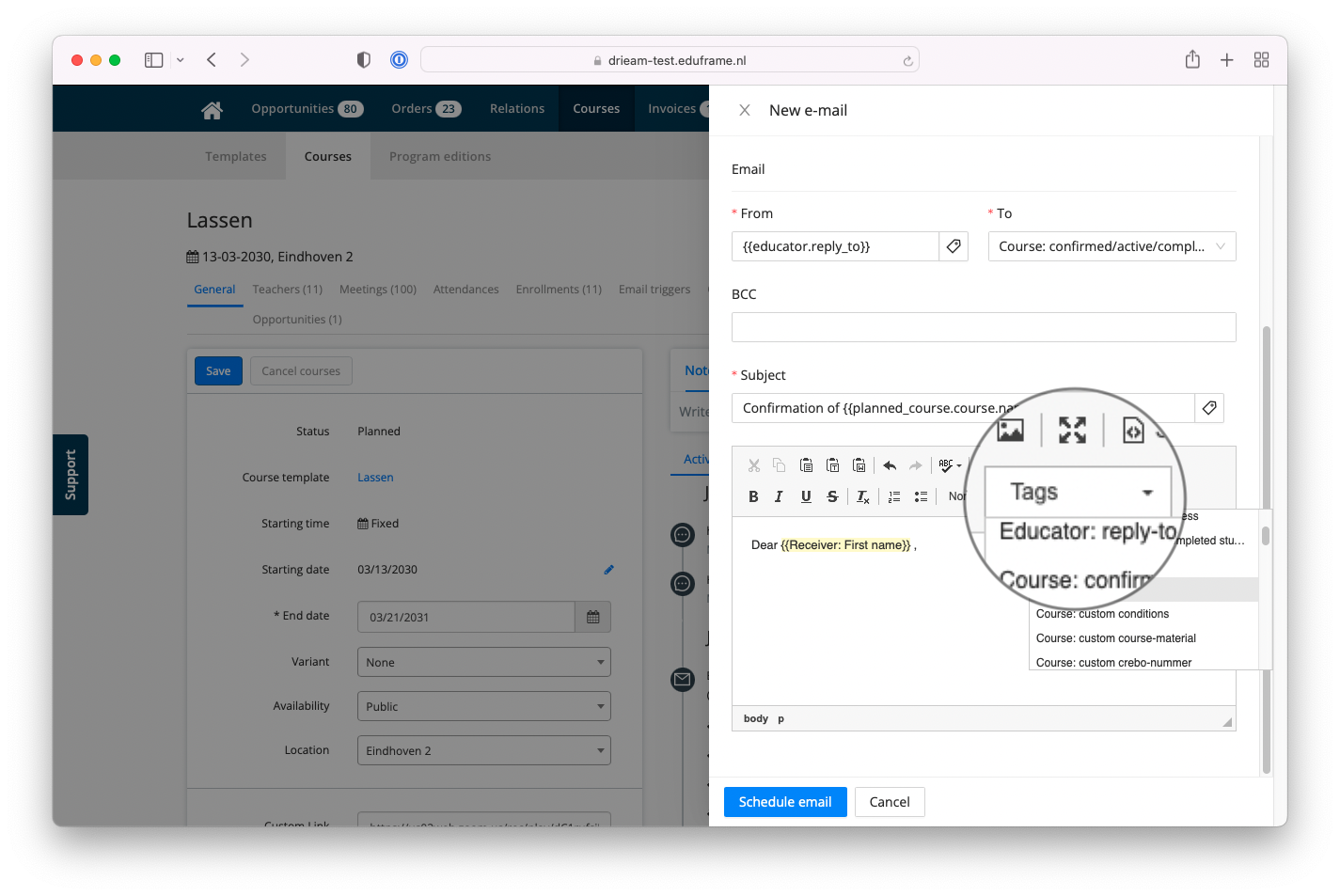 add tag to email body in email in eduframe
