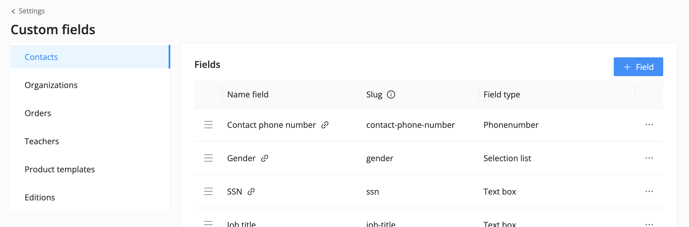 add custom fields on different levels in eduframe