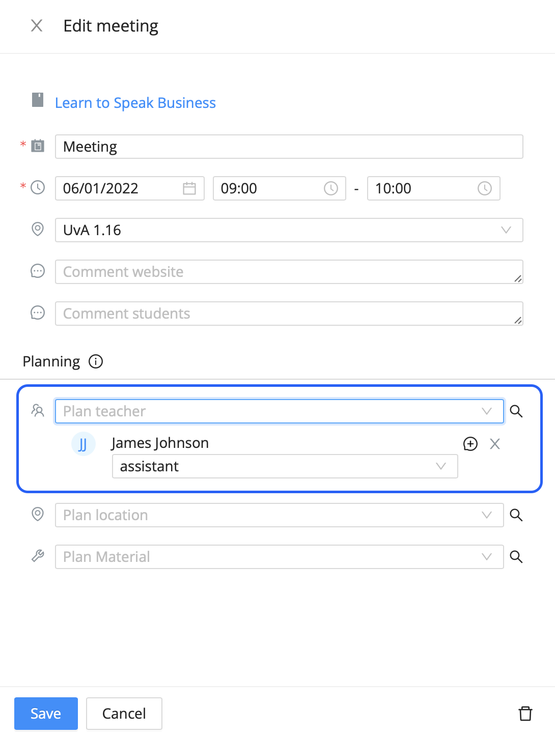 Add teachers in a specific role to a meeting (template) or subevent