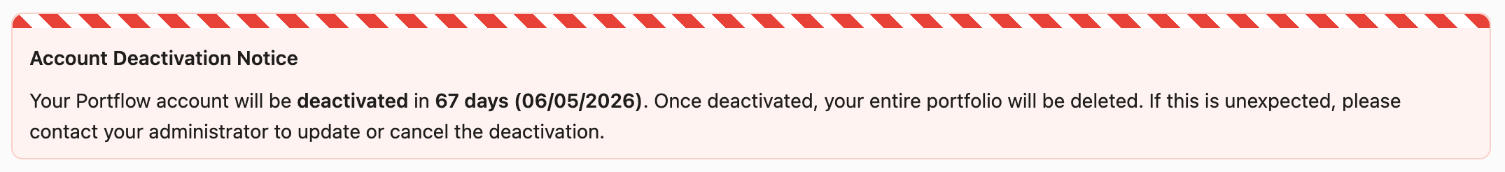 Example of a planned deactivation warning for Learners.