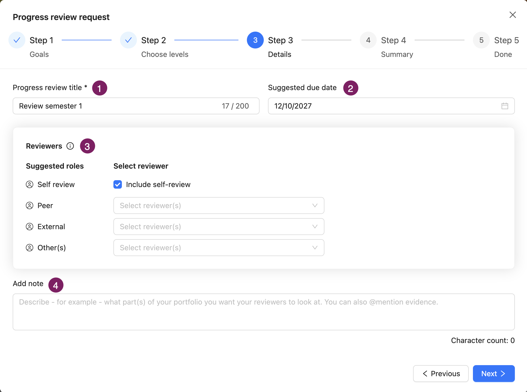 step 3 details.png Details step of the progress review: enter a title, suggested due date, invitees (including self-review) and optional note.