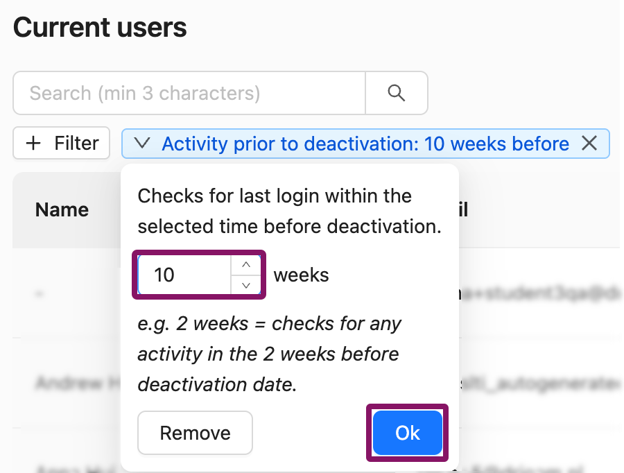 Set the number of weeks in the filter