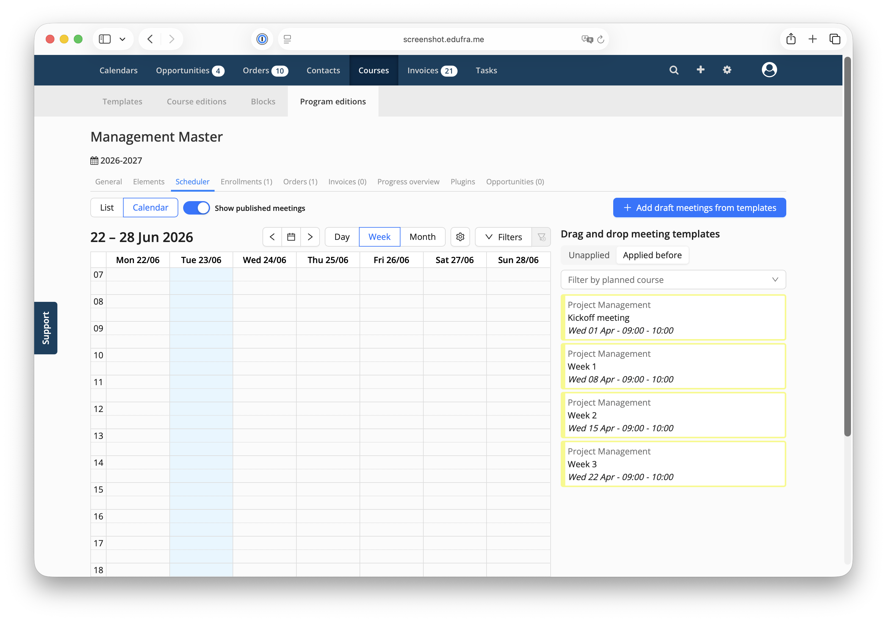 drag and drop meetings functionality in Eduframe