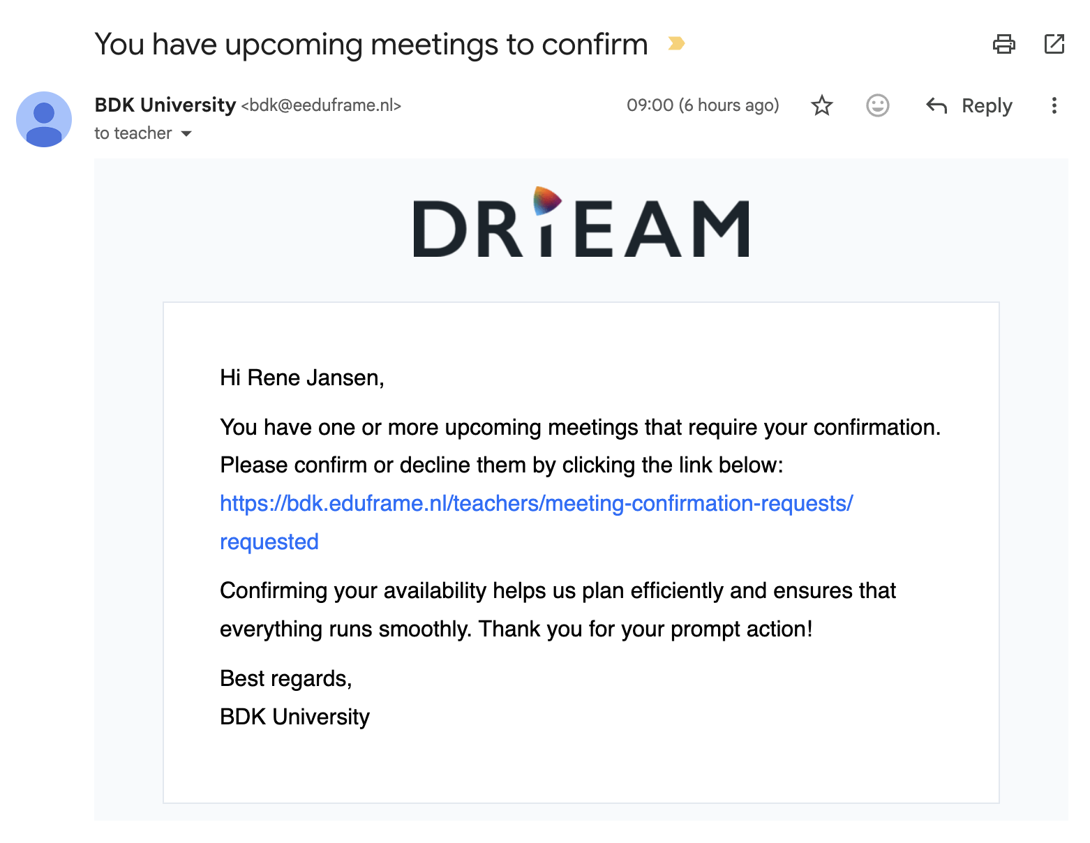 confirmation email for teacher