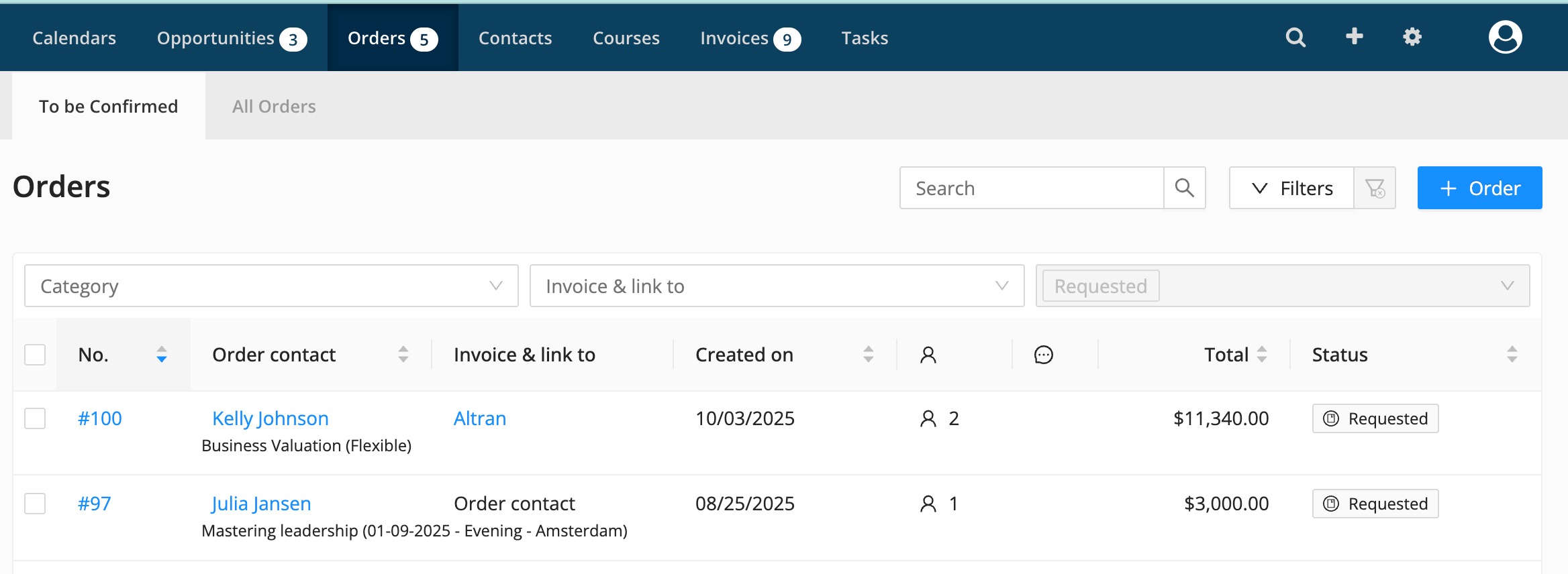 orders tab, to be confirmed, confirmed, all orders in Eduframe