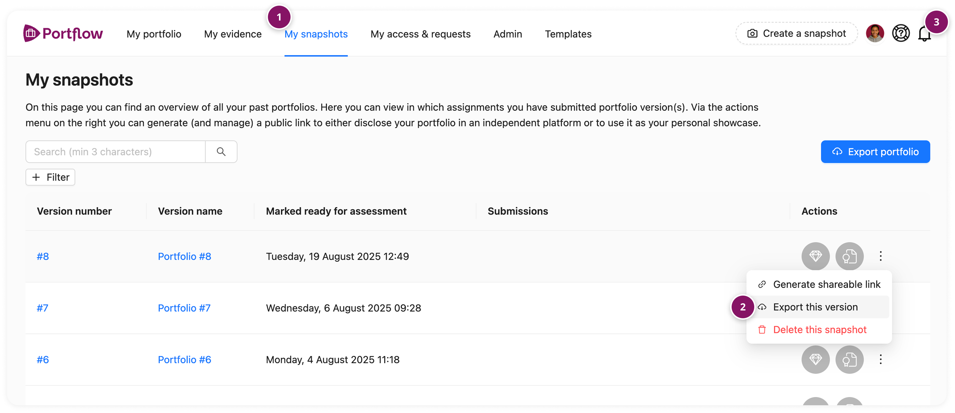 ExportSnapshot.png My Snapshots page with the option in the action menu, to create an export of a Snapshot