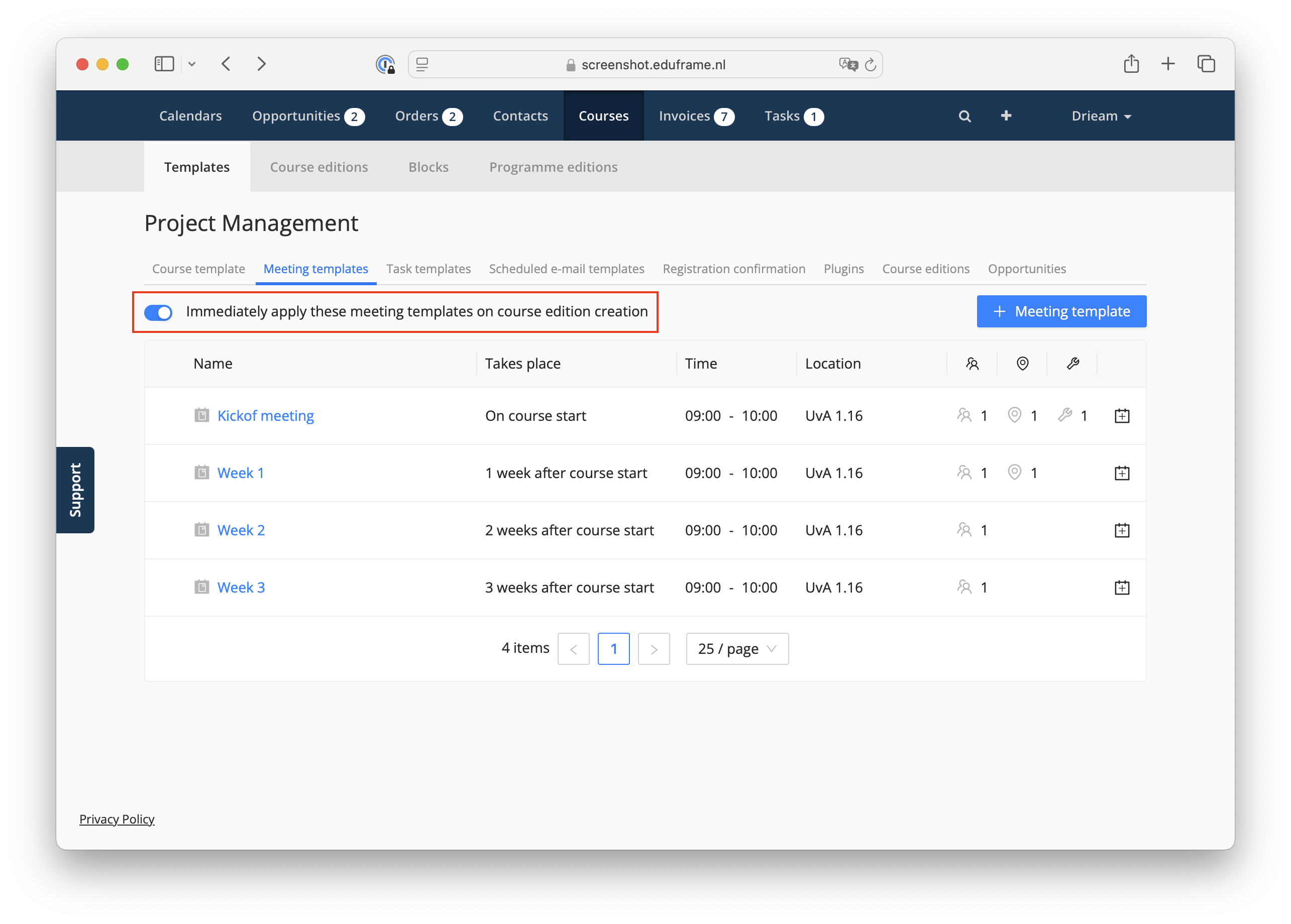 apply meeting templates on course edition creation