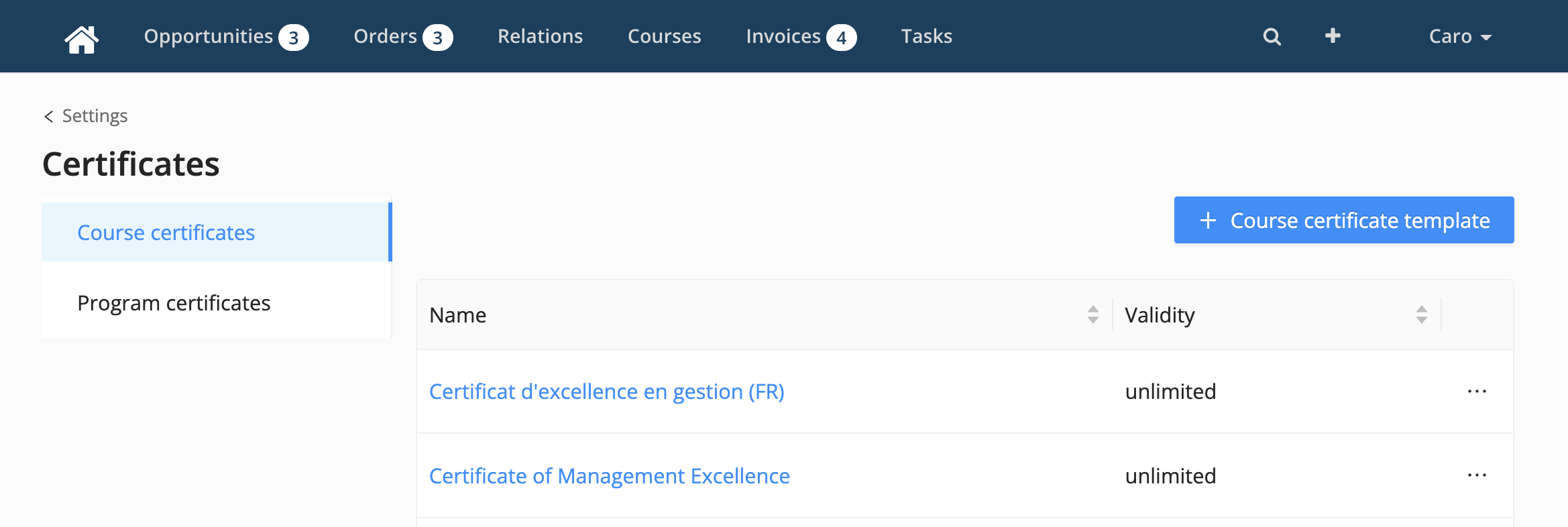certificates in 2 different languages