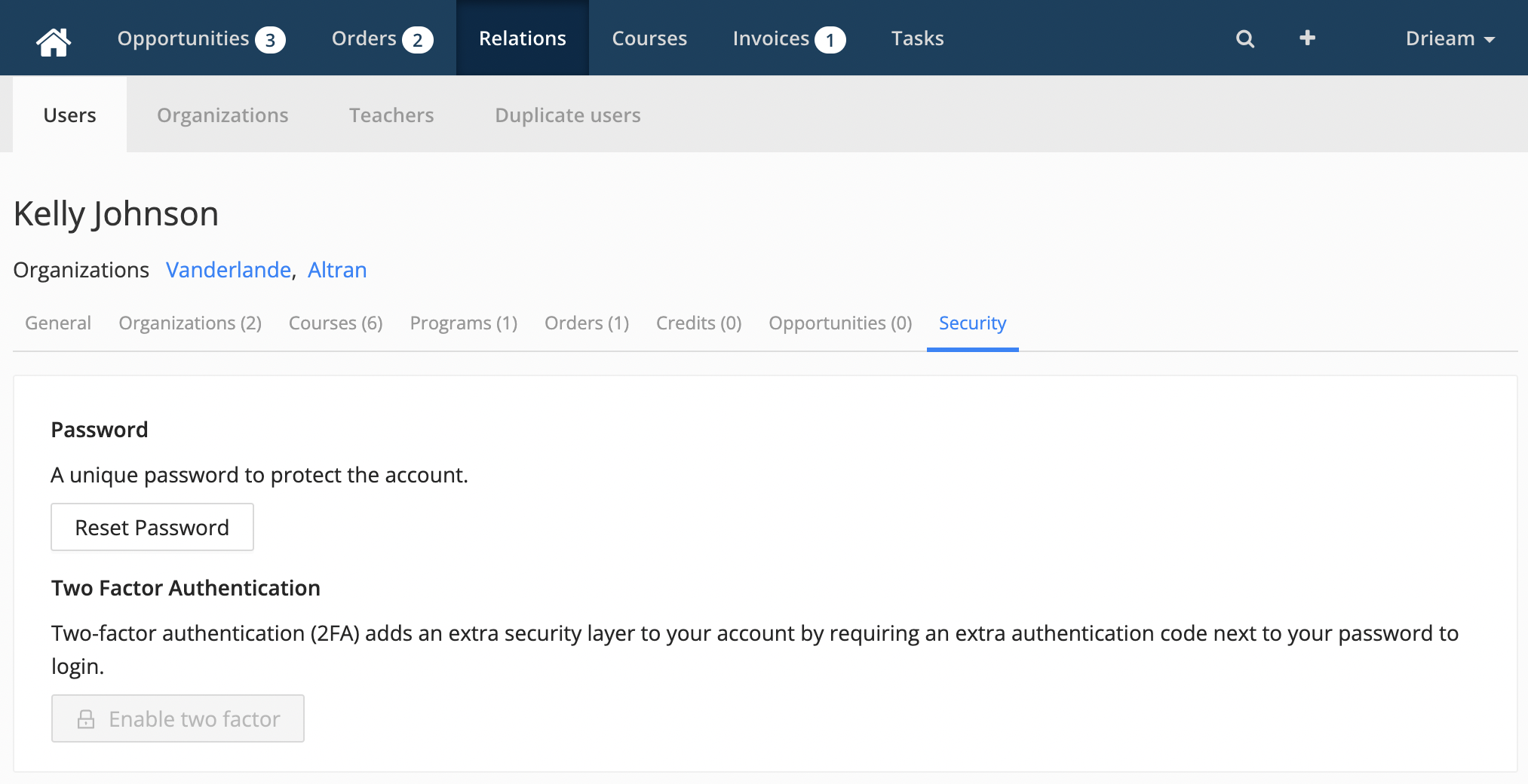 reset password and disable two-factor authentication (2FA) in Eduframe security tab