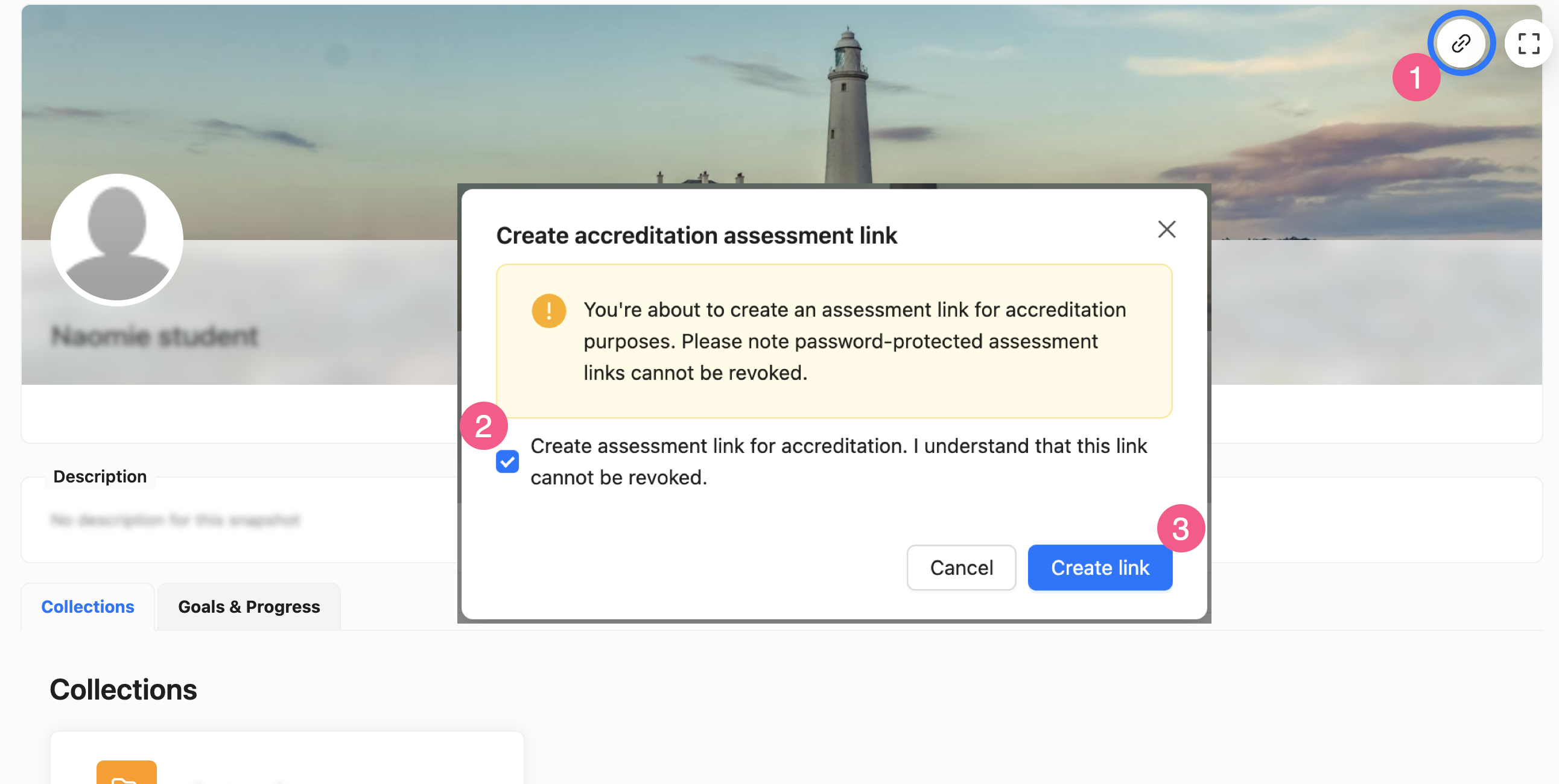 create accreditation assessment link.png Direct Snapshot link creation flow for Accreditation Managers