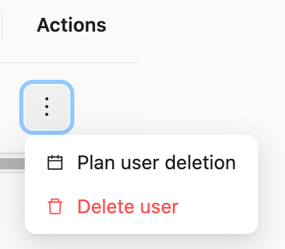 Action menu to delete the user