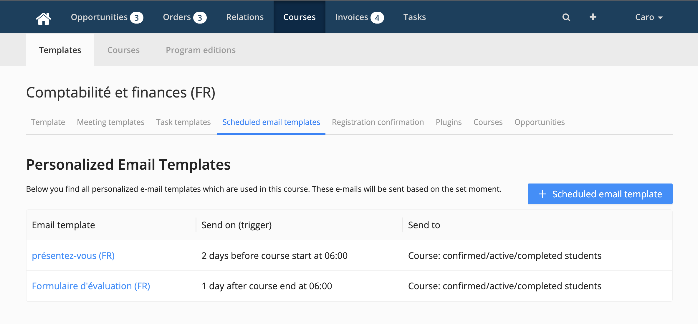 Scheduled email templates in different languages