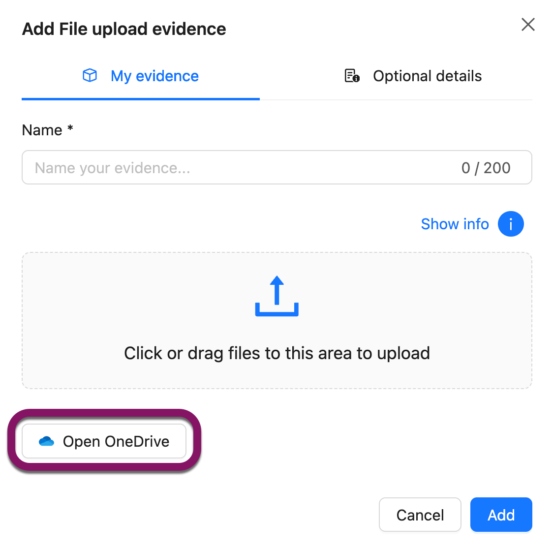 Uploading a file from Microsoft OneDrive or SharePoint as evidence in Portflow.