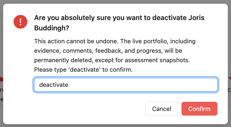 Confirmation prompt for deactivating or deleting a user