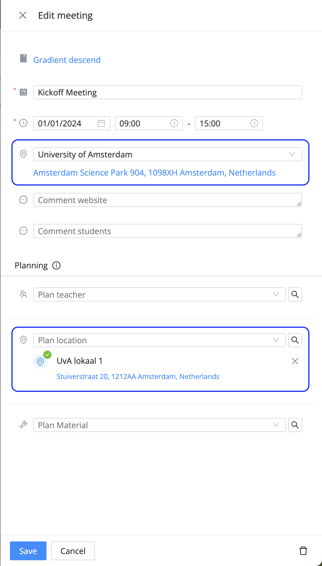 communicated vs planned location on a meeting