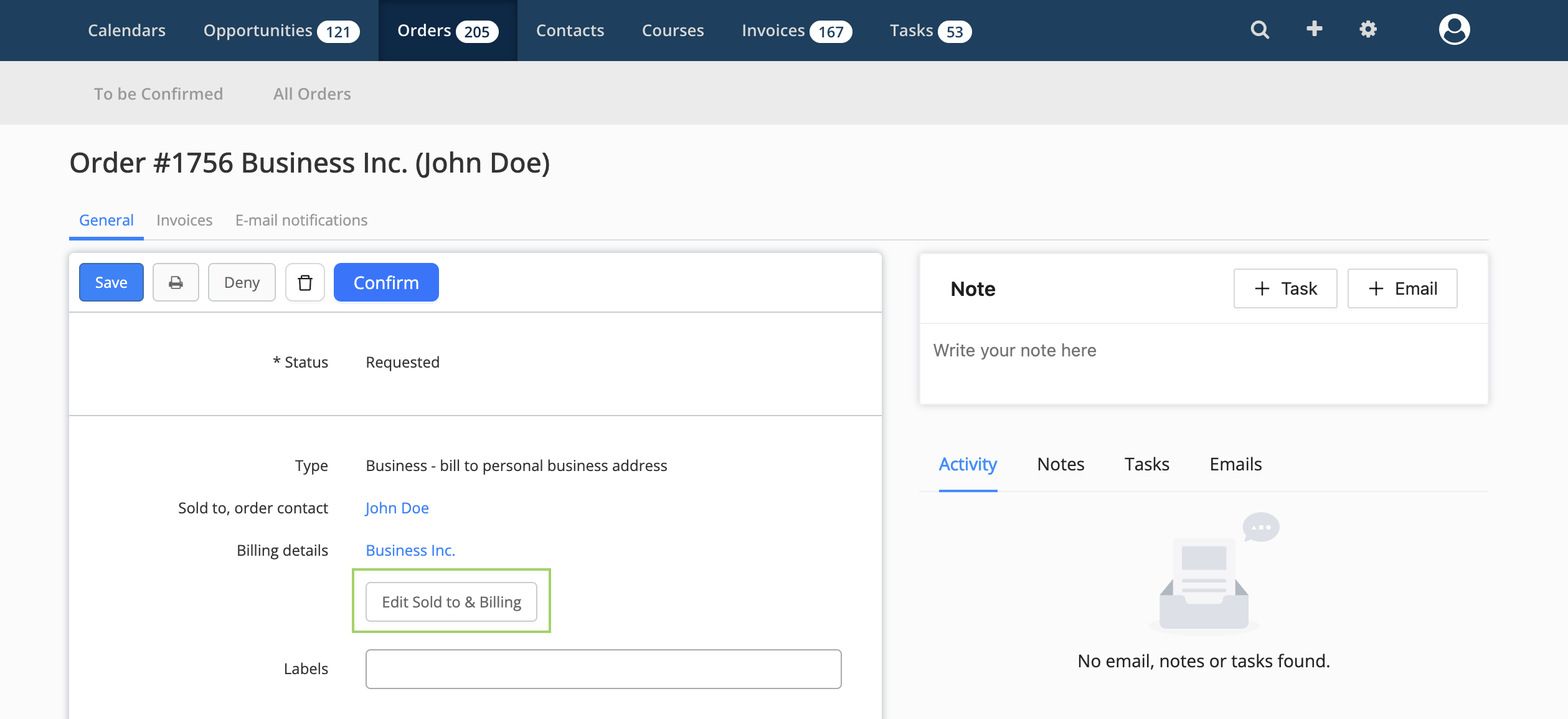 link the order to an organization by clicking the button highlighted in green