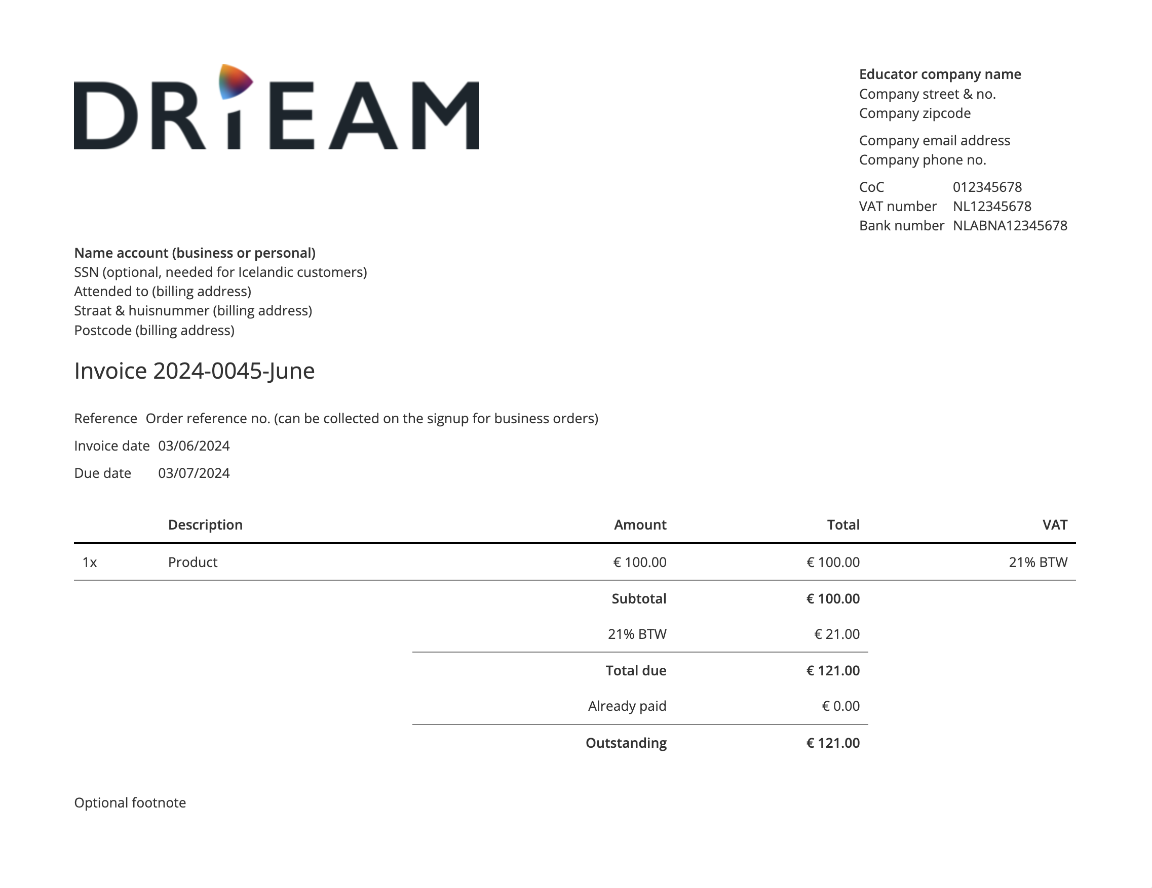 Example invoice in Eduframe