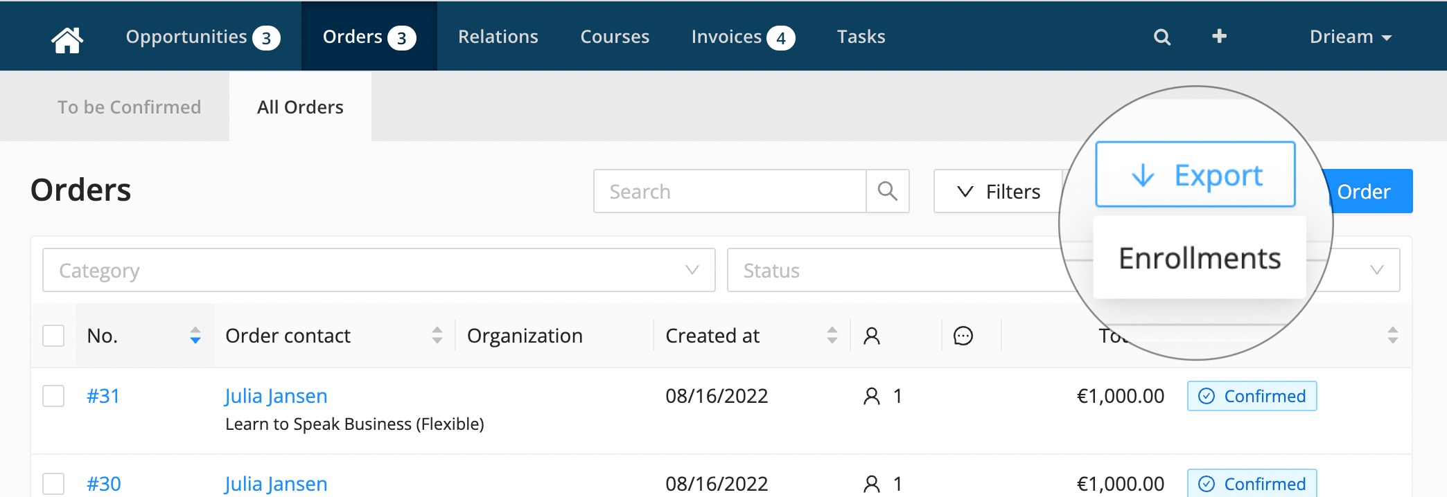 export enrollments in Eduframe