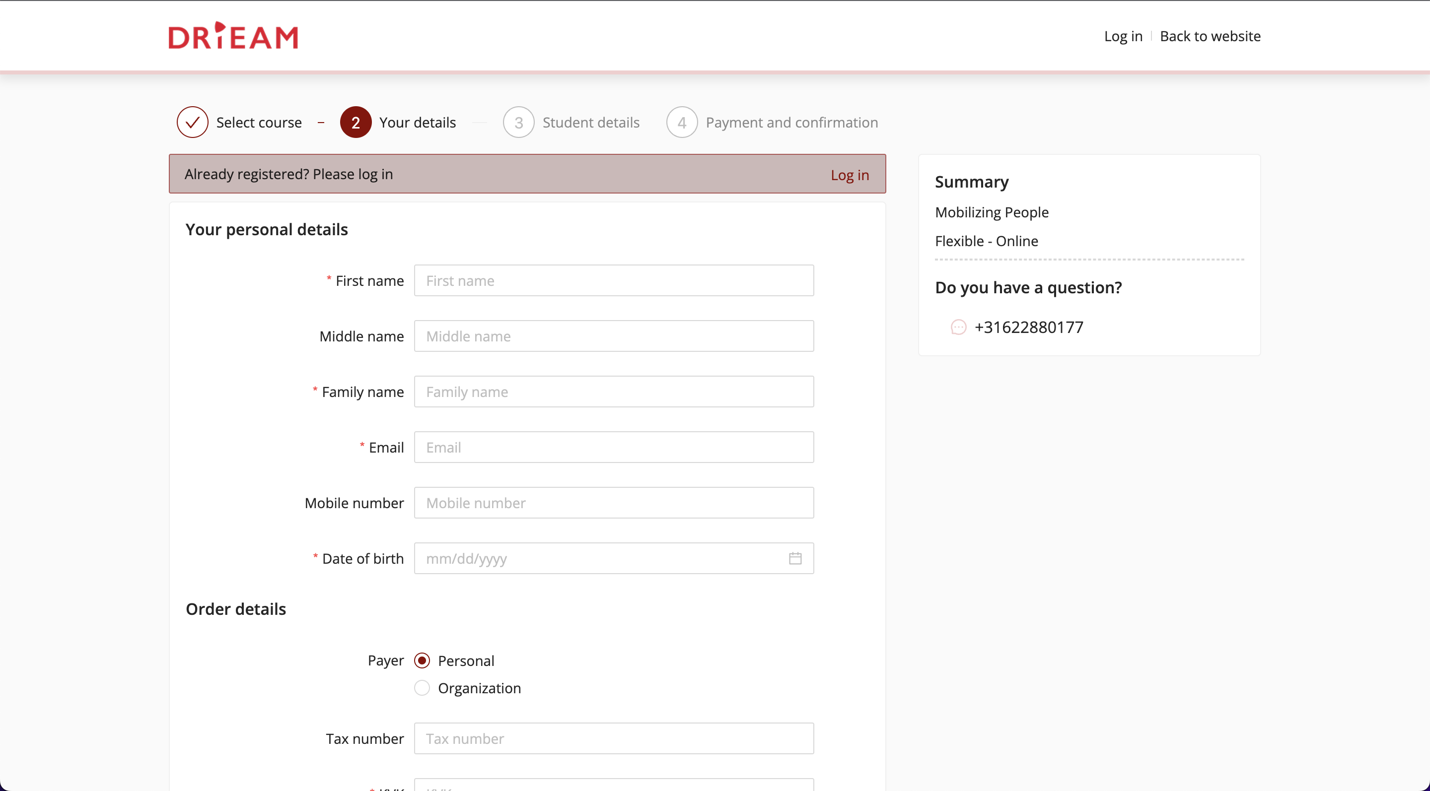 preview of how a signup form looks like after building it in Eduframe
