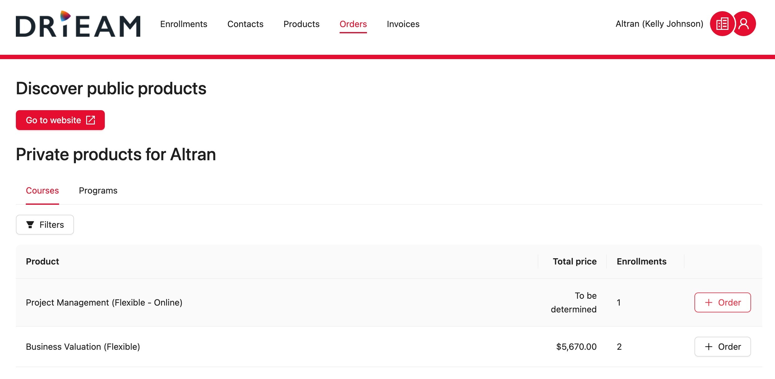 Order tab in the business portal where key contacts can add or adjust orders
